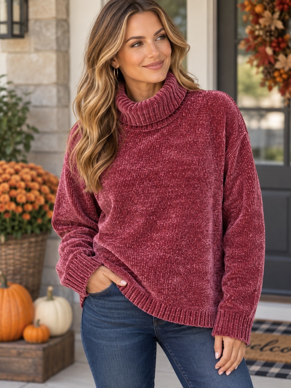 Forever 21 Plush Burgundy Rose Chenille Turtleneck Sweater Size L